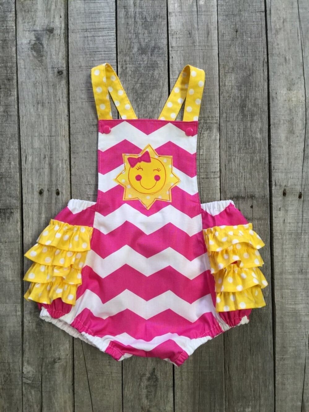 Boutique Baby Girl Romper Sun Applique Ruffle Bubble Pink Yellow 12-18M